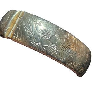 Vintage Etched Floral Gold Tone Hinged Bangle Bracelet Wide Boho Engraved